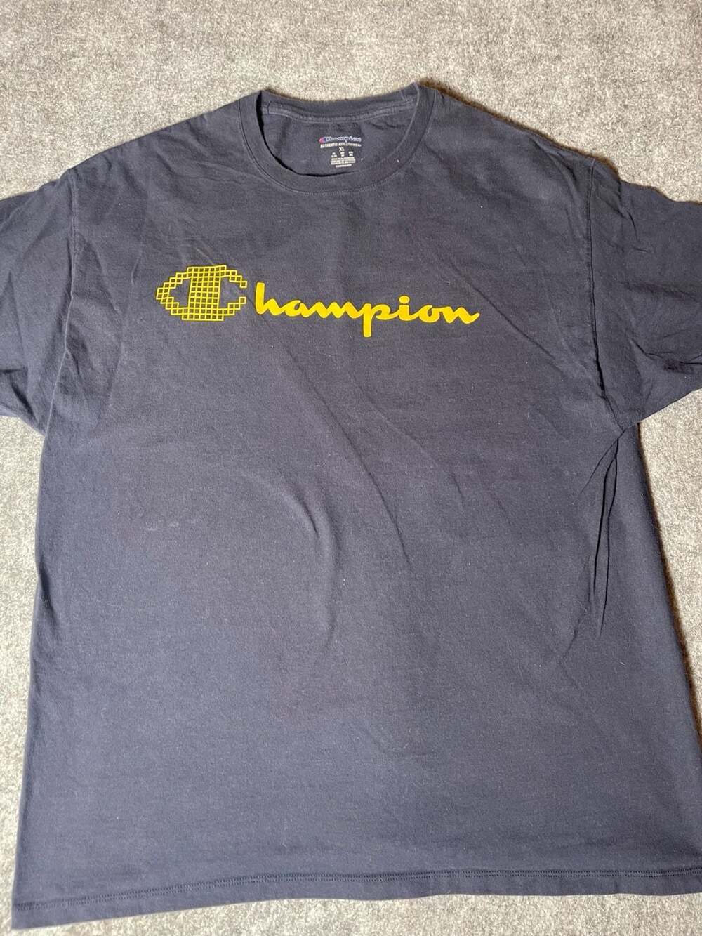 Champion Authentic Athleticwear Men's XL Black T-Shirt with Yellow Script Logo